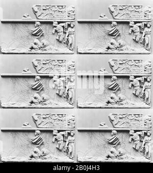 Fragmentary marble sarcophagus with scenes from the Oresteia, Roman, Antonine, Date mid-2nd century A.D., Roman, Marble-Luni, reconstructed: 31 5/8 × 26 × 57 in. (80.3 × 66 × 144.8 cm), Stone Sculpture Stock Photo