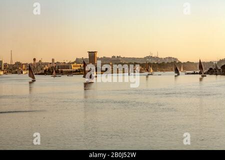 Traditional feluccas on the River Nile, Aswan, Egypt Stock Photo