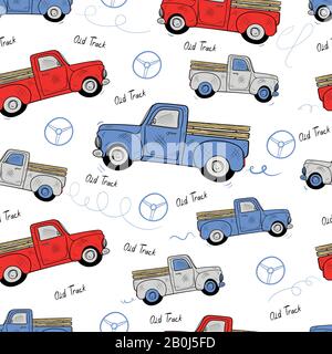 Hand drawn Engraved Retro Vintage Pickup Truck Seamless Pattern. Vector illustration blue, red and grey trucks. Stock Vector