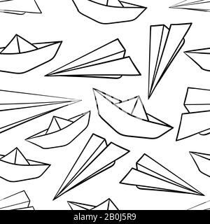 Origami paper boats and paper planes seamless hand drawn pattern. Paper models of planes. Paper models of boats. Vector illustration. Stock Vector