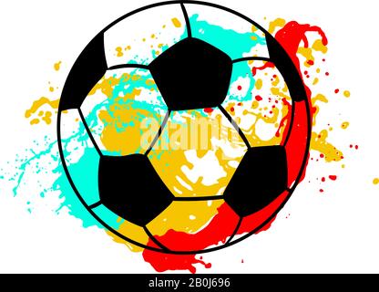 Vector illustration for football. Soccer ball on a white background. Grunge background. Yellow, red, turquoise, blue spots. Stock Vector
