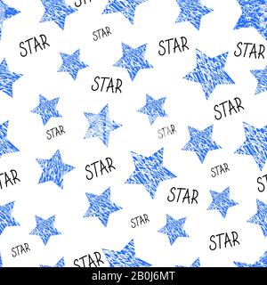 Vector Stars Geometric Seamless Pattern . Abstract wallpaper with grunge shapes. blue stars on white background with black inscriptions. the pattern i Stock Vector
