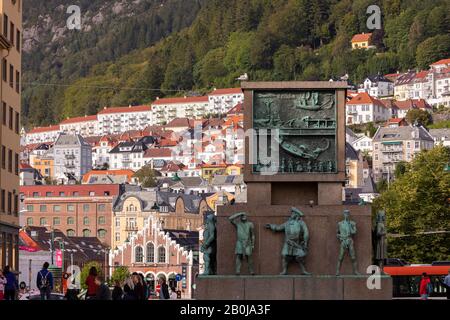 BERGEN, NORWAY - Tourists at the Sailor's Monument at Torgallmenningen Square, in central Bergen. Stock Photo