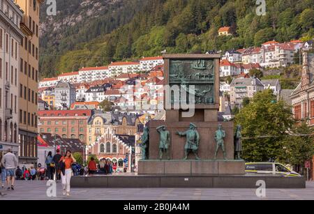 BERGEN, NORWAY - Tourists at the Sailor's Monument at Torgallmenningen Square, in central Bergen. Stock Photo