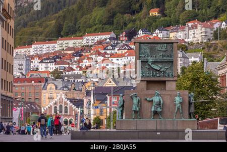 BERGEN, NORWAY - Tourists at the Sailor's Monument at Torgallmenningen Square, in central Bergen. Stock Photo