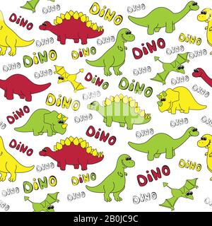 Dinosaurs. Seamless pattern with the inscription Dino. Vector illustration in doodle style. Hand drawn. colored on white Stock Vector