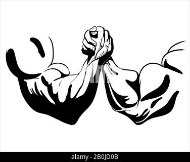 Arm wrestling, fight combat. Victory sketch figure image. vector illustration black on white. Stock Vector