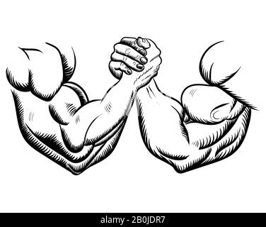 Arm wrestling, fight combat. Victory sketch figure image. vector illustration black on white. Stock Vector