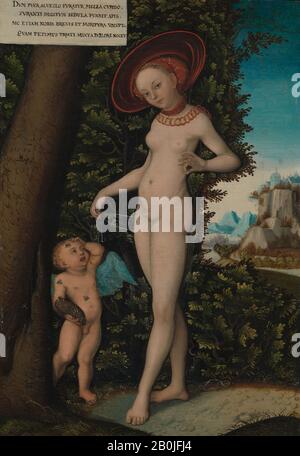 Copy after Lucas Cranach the Elder, Venus with Cupid the Honey Thief, Copy after Lucas Cranach the Elder (German, Kronach 1472–1553 Weimar), ca. 1580–1620, Oil on oak panel, 14 5/16 x 9 15/16 in. (36.3 x 25.2 cm), Paintings Stock Photo