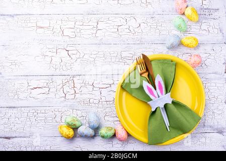Easter table setting in green color Stock Photo