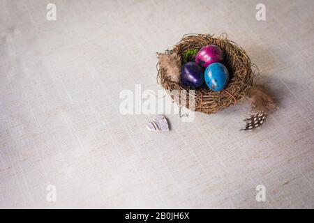 Naturally dyed quail eggs in nest with feathers on linen background, Easter spring greeting sales postcard concept Stock Photo