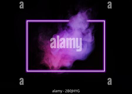 Abstract neon light smoke effect with neon frame on black background. Smoke cloud explosion. Stock Photo