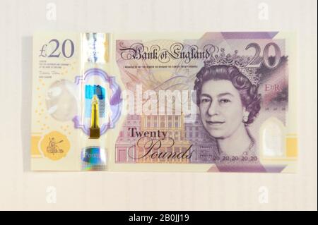 London, UK. 20th Feb, 2020. Photo taken on Feb. 20, 2020 shows the new 20 pound note in London, Britain. Deemed as 'the most secure ever' note issued by the Bank of England, the latest 20 pound note has gone into circulation Thursday. The new polymer note features the famous English watercolor artist Joseph Mallord William Turner. Credit: Ray Tang/Xinhua/Alamy Live News Stock Photo