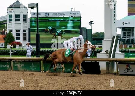 Jockey Miguel Mena on THRISTFORLIFE crosses the line for Race 2 on May 4, 2019 at Churchill Downs in Louisville, Kentucky. Stock Photo