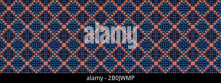 Classic Blue Floral Diamond Check Symmetry Motif Banner Background. Dark Abstract Flower Dot Mosaic Seamless Border Pattern. Geometric Pixel Effect Stock Vector