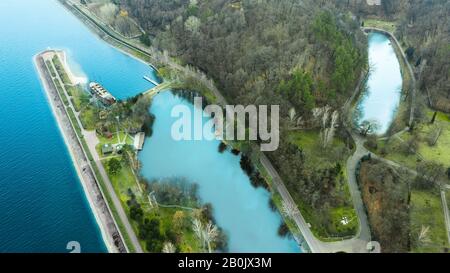 Embankment in the Mezhigorye National Park, drone view. Stock Photo
