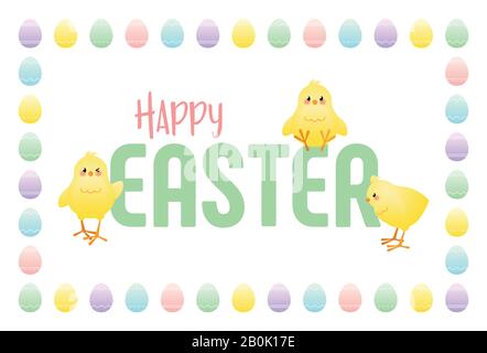 Happy Easter. Greeting card with cute chicks and frame of colored eggs. Vector illustration. Stock Vector