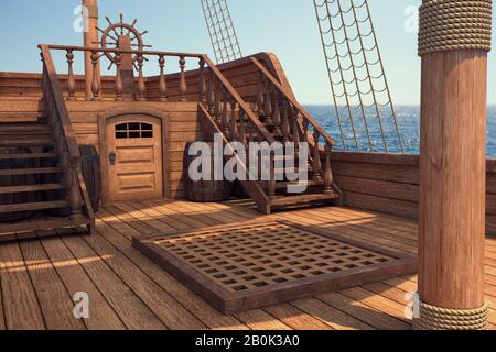 Outside of pirate old ship. Daylight view of ship background. 3d illustration of deck of a pirate ship. Mixed media. Stock Photo