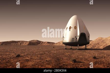 Descent Module Of Commercial Spacecraft On Surface Of Planet Mars Stock Photo
