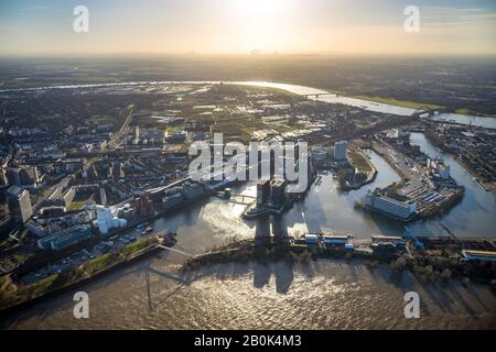 Aerial photo, Media harbour with harbour skyscrapers, Düsseldorf, Rhineland, North Rhine-Westphalia, Germany, Am Handelshafen, Office building, Office Stock Photo