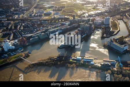 Aerial photo, Media harbour with harbour skyscrapers, Düsseldorf, Rhineland, North Rhine-Westphalia, Germany, Am Handelshafen, Office building, Office Stock Photo