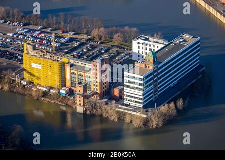 Aerial photo, media harbour, office building Plange Mühle, Düsseldorf, Rhineland, North Rhine-Westphalia, Germany, Am Handelshafen, DE, Europe, harbou Stock Photo
