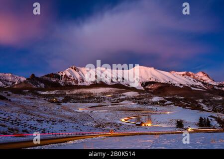 The San Juan Mountains in Telluride, Colorado winter landscape with snow and alpenglow Stock Photo