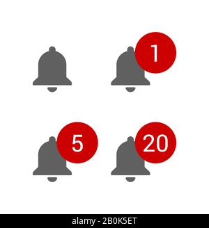 Grey bells with red round message alerts, chat or subscribe notifications for video blog, smm icons set, flat style vector illustration. Stock Vector