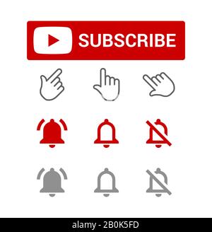 Subscribe button, red and grey bell alerts, chat or reminder notifications, elements for blogging, set of smm icons, flat style vector illustration. Stock Vector