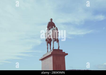 Budapest, Hungary - Nov 6, 2019: Back of the Horseman statue of Artur Gorgei, also spelled Gorge. Hungarian military leader, general of the Hungarian Revolutionary Army. Horizontal photo with filter. Stock Photo