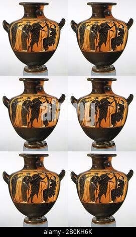 Attributed to the Eucharides Painter, Terracotta hydria: kalpis (water jar), Greek, Attic, Archaic, Date ca. 510 B.C., Greek, Attic, Terracotta; black-figure, H. 13 3/4 in. (35 cm), Vases Stock Photo