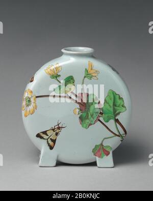 Minton(s), Pilgrim flask with botanical spray and butterfly, British, Stoke-on-Trent, Staffordshire, Minton(s) (British, Stoke-on-Trent, 1793–present), 1877, British, Stoke-on-Trent, Staffordshire, Earthenware, confirmed: 6 3/8 × 6 1/8 × 2 1/2 in. (16.2 × 15.6 × 6.4 cm), Ceramics-Porcelain Stock Photo