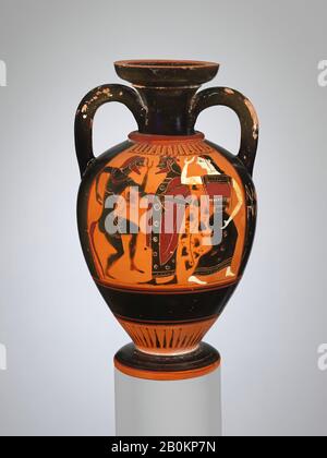 Terracotta neck-amphora (jar), Greek, Attic, Archaic, Date ca. 550–540 B.C., Greek, Attic, Terracotta; black-figure, H. 6 1/8 in. (15.5 cm); diameter 3 9/16 in. (9.1 cm), Vases Stock Photo