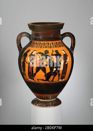Attributed to Group E, Terracotta amphora (jar), Greek, Attic, Archaic, Date ca. 540 B.C., Greek, Attic, Terracotta; black-figure, H. 15 3/4 in. (40 cm), diameter of mouth 6 7/8 in. (17.4 cm), diameter of foot 6 1/8 in. (15.5 cm), Vases Stock Photo