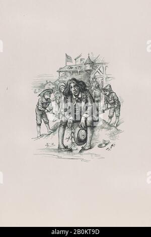 Thomas Nast, Oscar at the Sea-Shore, Thomas Nast (American (born Germany), Landau 1840–1902 Guayaquil), Oscar Wilde (Irish, Dublin 1854–1900 Paris), August 26, 1882, Electrotype proof of a wood engraving, Sheet: 11 3/16 × 7 1/2 in. (28.4 × 19 cm), Prints Stock Photo