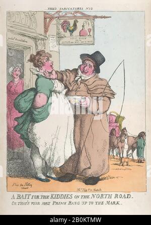 Thomas Rowlandson, A Bait for Kiddies on the North Road. Or That's Your Sort Prime Bang up the Mark, Thomas Rowlandson (British, London 1757–1827 London), May 5, 1810, Hand-colored etching, Plate: 13 9/16 × 9 5/8 in. (34.5 × 24.5 cm), Sheet: 15 1/4 × 10 3/8 in. (38.8 × 26.3 cm), Prints Stock Photo