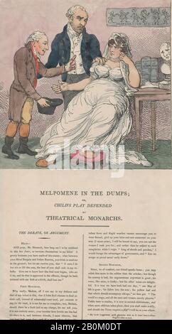 Thomas Rowlandson, Melpomene in the Dumps, or Child's Play Defended by Theatrical Monarchs, Thomas Rowlandson (British, London 1757–1827 London), Sarah Siddons (British, Brecon, Wales 1755–1831 London), John Philip Kemble (British, Prescot, Lancashire 1757–1823 Lausanne), 1804, Hand-colored etching, Sheet: 17 5/8 × 9 1/2 in. (44.7 × 24.2 cm), Prints Stock Photo