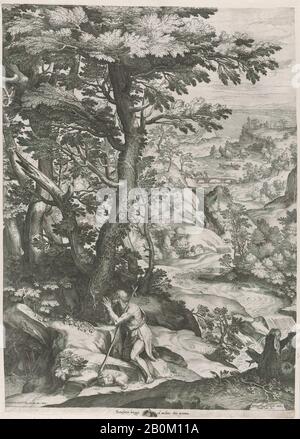 Cornelis Cort, St John the Baptist in the Wilderness, Cornelis Cort (Netherlandish, Hoorn ca. 1533–1578 Rome), After Girolamo Muziano (Italian, Acquafredda, Brescia 1528–1592 Rome), 1533–78, Engraving, Prints Stock Photo