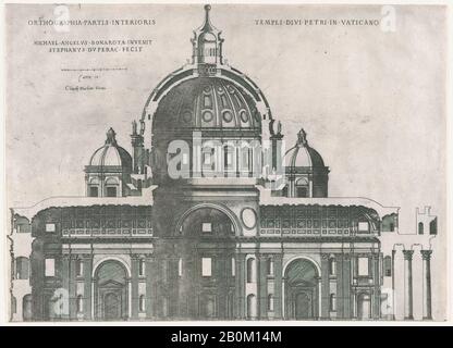 Etienne DuPérac, Speculum Romanae Magnificentiae: St. Peter's, Speculum Romanae Magnificentiae, Etienne DuPérac (French, ca. 1535–1604), After Michelangelo Buonarroti (Italian, Caprese 1475–1564 Rome), 16th century, Engraving and etching, sheet: 12 15/16 x 17 11/16 in. (32.8 x 45 cm), Prints Stock Photo