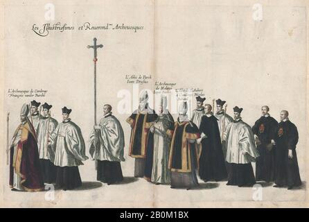 Cornelis Galle I, Plate 13: Members of the clergy marching in the funeral procession of Archduke Albert of Austria; from 'Pompa Funebris, Alberti Pii', Cornelis Galle I (Netherlandish, Antwerp 1576–1650 Antwerp), After Jacques Francquart (French, Brussels 1577–1651 Brussels), 1623, Etching with hand coloring, Sheet: 11 3/16 × 15 1/4 in. (28.4 × 38.8 cm), Plate: 9 1/2 × 14 11/16 in. (24.1 × 37.3 cm Stock Photo