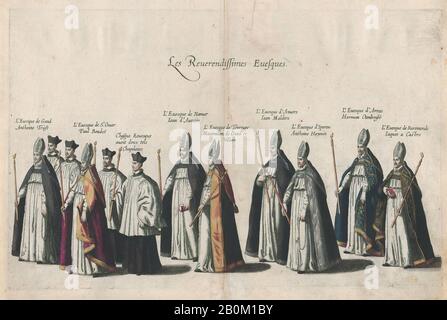 Cornelis Galle I, Plate 12: Members of the clergy marching in the funeral procession of Archduke Albert of Austria; from 'Pompa Funebris, Alberti Pii', Cornelis Galle I (Netherlandish, Antwerp 1576–1650 Antwerp), After Jacques Francquart (French, Brussels 1577–1651 Brussels), 1623, Etching with hand coloring, Sheet: 11 3/16 × 15 1/4 in. (28.4 × 38.8 cm), Plate: 10 3/16 × 14 9/16 in. (25.8 × 37 cm Stock Photo