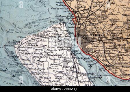 Detail from an 1868 Map of the County Palatine of Lancaster, so Lancashire as it was then,  From the Ordnance Survey by J. Bartholomew F.R.G.S.;  this section including Liverpool, Birkenhead, New Brighton and part of the River Mersey Stock Photo