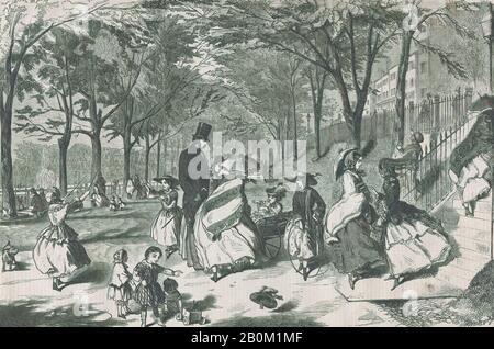 After Winslow Homer, The Boston Common (Harper's Weekly, Vol. II), After Winslow Homer (American, Boston, Massachusetts 1836–1910 Prouts Neck, Maine), May 22, 1858, Wood engraving, image: 9 1/4 x 14 in. (23.5 x 35.6 cm), sheet: 11 1/8 x 15 11/16 in. (28.2 x 39.9 cm), Prints Stock Photo