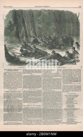 After Winslow Homer, The Army of the Potomac – Our Outlying Picket in the Woods (Harper's Weekly, Vol. VI), After Winslow Homer (American, Boston, Massachusetts 1836–1910 Prouts Neck, Maine), June 7, 1862, Wood engraving, image: 6 7/8 x 9 1/4 in. (17.5 x 23.5 cm), sheet: 15 15/16 x 10 5/8 in. (40.5 x 27 cm), Prints Stock Photo