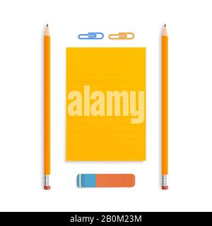 Two Orange vector realistic pencil lies with rubber and clips on a stack of lined paper stripes isolated on a white background Stock Vector