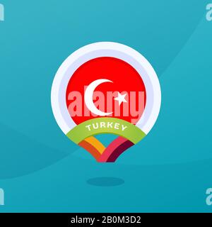 Turkey vector flag map location pin. European football 2020 tournament final stage. Official championship colors and style. Stock Vector