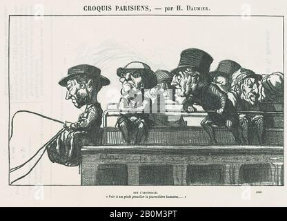 Honoré Daumier, On the imperiale, 'At one's feet one can observe the swarming of a human ant-hill,' from 'Parisian sketches,' published in Le Petit Journal pour Rire, 'Parisian sketches' (Croquis Parisiens), Honoré Daumier (French, Marseilles 1808–1879 Valmondois), 1864 or 1865, Lithograph on newsprint; second state of two (Delteil), Image: 6 in. × 9 3/4 in. (15.3 × 24.7 cm), Sheet: 8 15/16 in. × 12 in. (22.7 × 30.5 cm), Prints Stock Photo