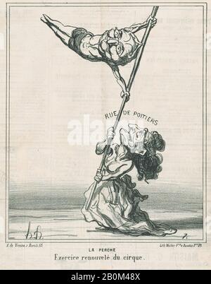 Honoré Daumier, Pole-vault: An exercise taken from the circus, from 'News of the day,' published in Le Charivari, March 9, 1870, 'News of the day' (Actualités), Honoré Daumier (French, Marseilles 1808–1879 Valmondois), Marie Joseph Louis Adolphe Thiers (French, Marseille 1797–1877 Saint-Germain-en-Laye), March 9, 1870, Lithograph on newsprint; second state of two (Delteil), Image: 9 3/8 × 7 13/16 in. (23.8 × 19.9 cm), Sheet: 11 3/8 × 10 15/16 in. (28.9 × 27.8 cm), Prints Stock Photo