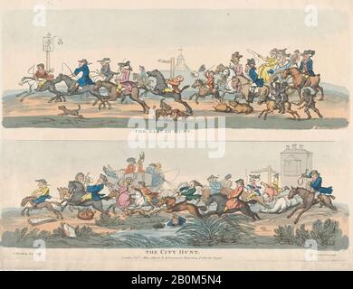 Thomas Rowlandson, The Easter Hunt and The City Hunt, After Henry William Bunbury (British, Mildenhall, Suffolk 1750–1811 Keswick, Cumberland), May 1, 1803, Hand-colored etching, Plate: 11 5/8 × 15 9/16 in. (29.6 × 39.5 cm), Sheet: 12 1/2 × 15 15/16 in. (31.7 × 40.5 cm), Prints Stock Photo