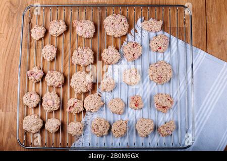 Strawberry Chocolate Chip Cookies on metal tray. Stock Photo